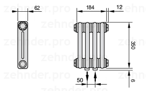 Схема (чертеж) Радиатор Zehnder Charleston 2035/4 №5410 Белый глянцевый RAL 9016